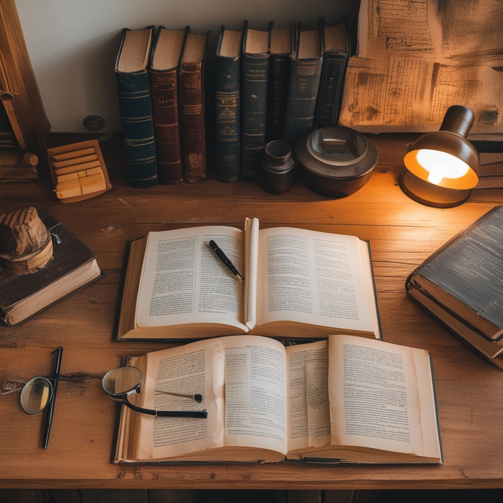 Overhead view of a clean wooden study desk with several open books, a vintage magnifying glass, reading glasses and a warm lamp, evoking a sense of calm academic exploration
