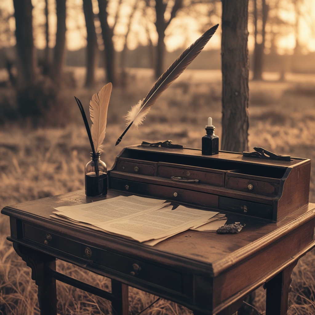 Aged sepia-toned photograph of an antique wooden writing desk with feather quill, ink bottle, and parchment papers, suggesting historical research into ancient ocular practices