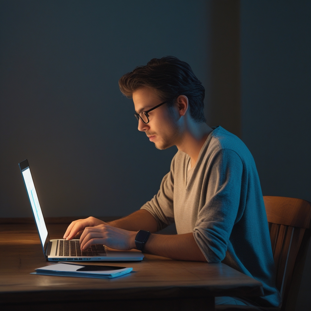 Person sitting at a wooden desk working on a laptop in a dimly lit room, face illuminated by screen glow, hands resting on keyboard in a contemplative posture