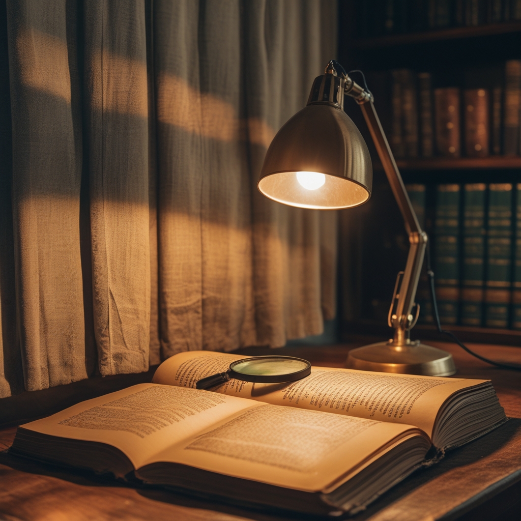 Serene reading corner with warm directional lamp light casting deep shadows over an open vintage book and magnifying glass on a wooden desk, evoking quiet concentration and scholarly depth