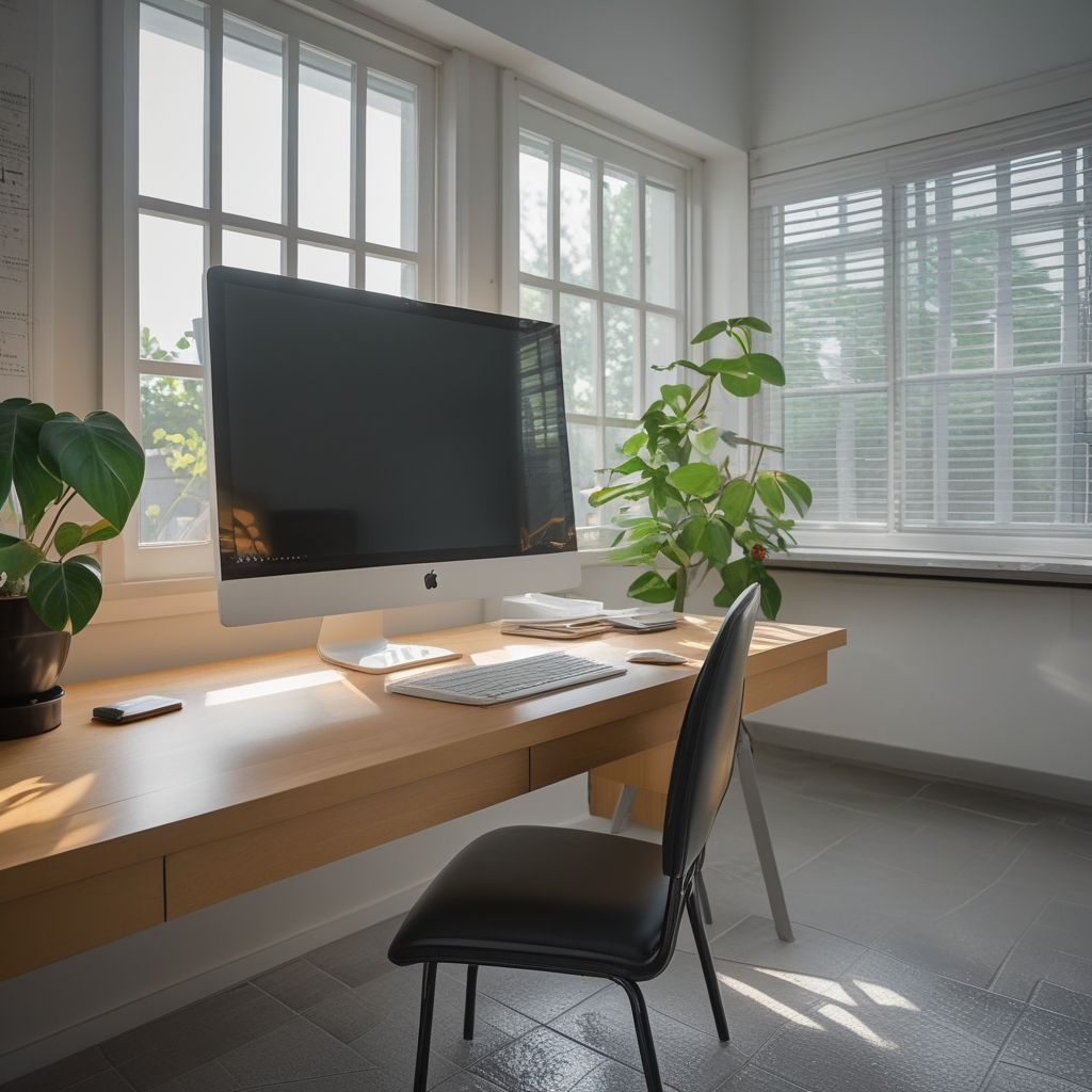 Bright ergonomic home office workspace with a large monitor at eye level, natural light from a side window, potted plant nearby, clean wooden desk with proper viewing distance setup